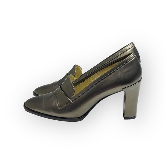 Vintage: Pancaldi ❁ Italian Leather Heeled Loafers ❁ Metallic Gunmetal ❁ 6M ❁ - Picture 7 of 16